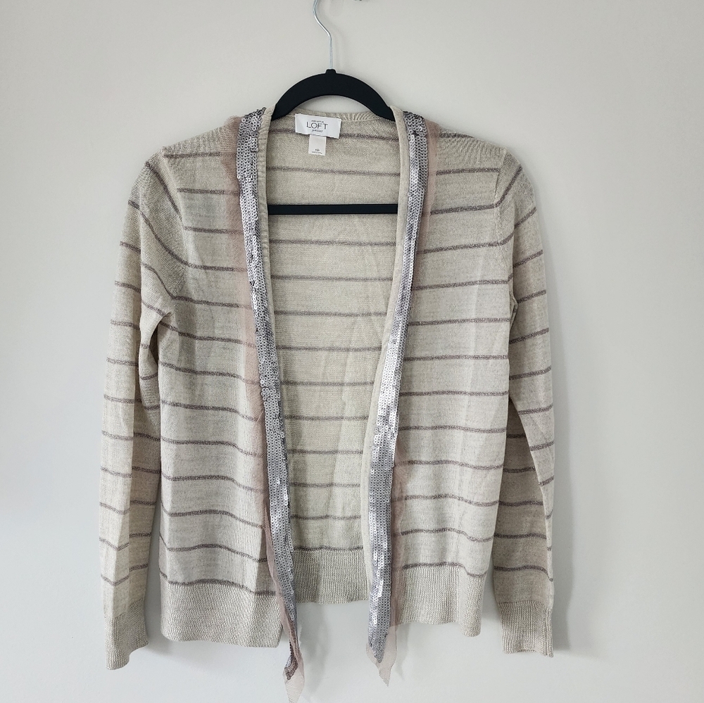 Ann Taylor LOFT Womens SP Sequin Sweater Trim Cardigan Wool Stripe Open Front